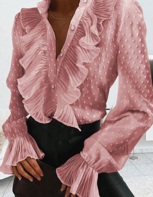 Load image into Gallery viewer, ELEGANT BLOUSE WITH HIGH COLLAR AND RUFFLES JOANA, LIGHT PINK
