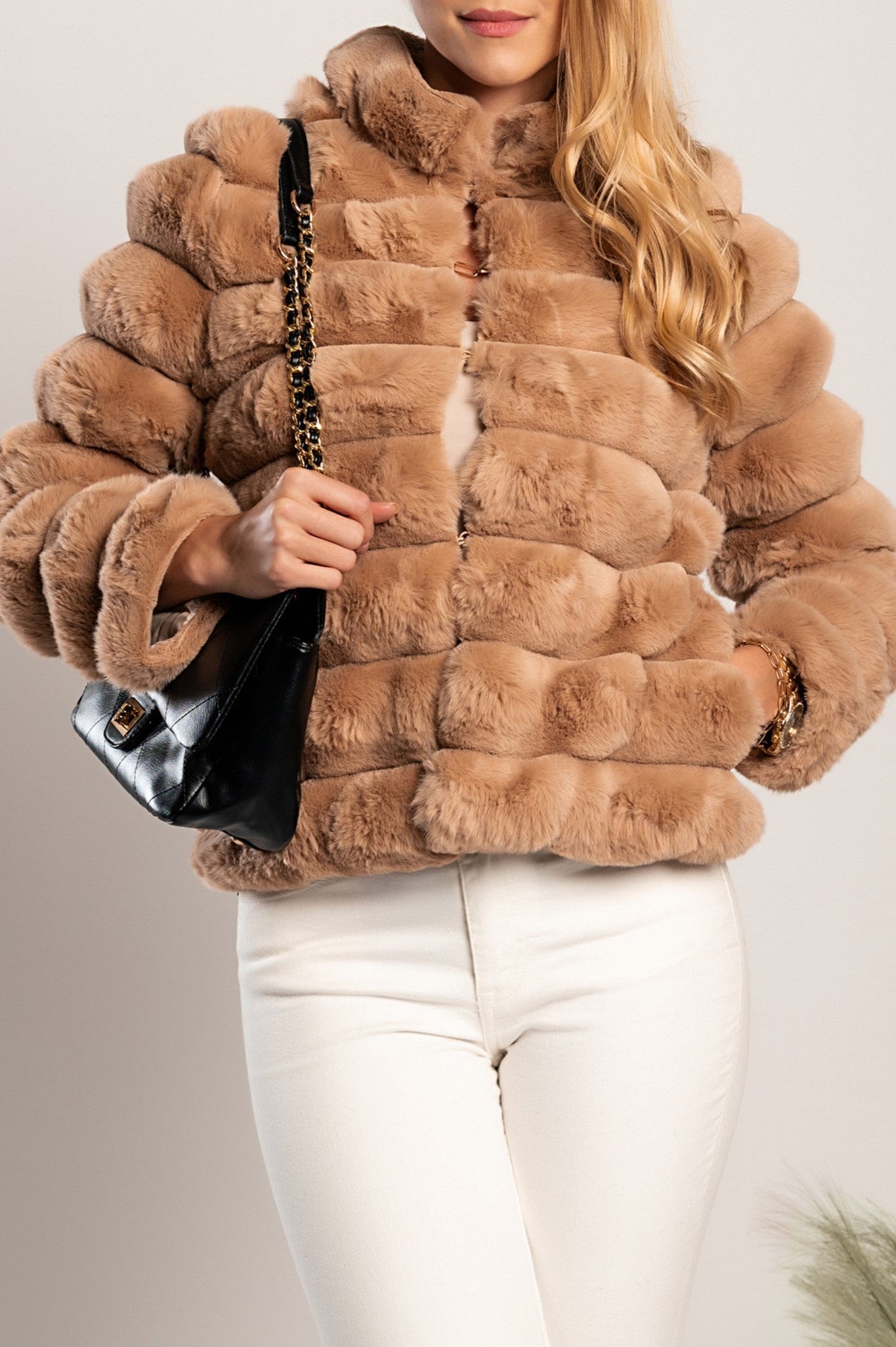 Short elegant coat made of artificial fur Centania, camel color