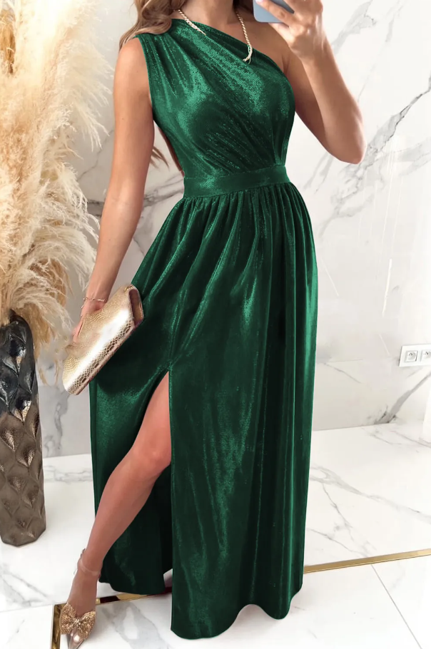 Elegant long dress one shoulder Split velvet  green
