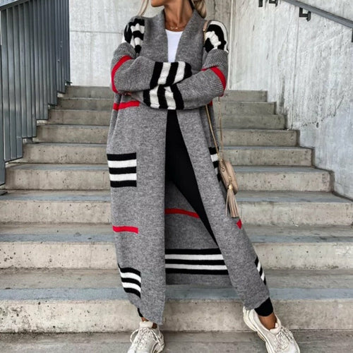Load image into Gallery viewer, Knitted Cardigan Striped Patchwork Loose Long Outerwear
