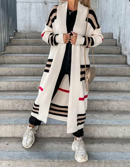 Load image into Gallery viewer, Knitted Cardigan Striped Patchwork Loose Long Outerwear
