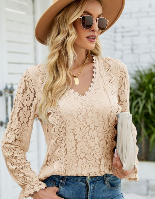 Load image into Gallery viewer, Vintage Long Sleeve Hollow Flowers Sexy Shirts Lace Tops
