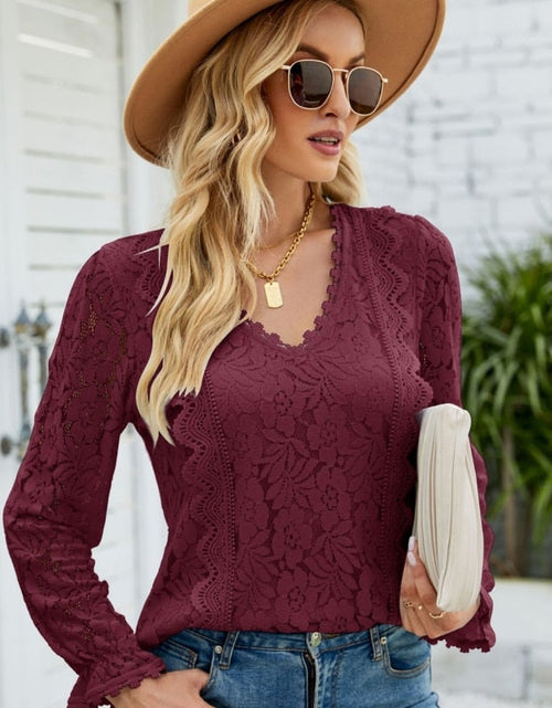 Load image into Gallery viewer, Vintage Long Sleeve Hollow Flowers Sexy Shirts Lace Tops
