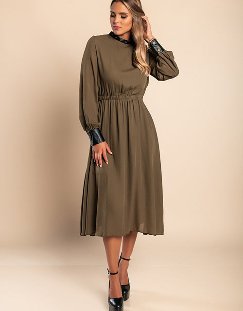 Load image into Gallery viewer, Elegant midi dress with Plana artificial leather inserts, olive
