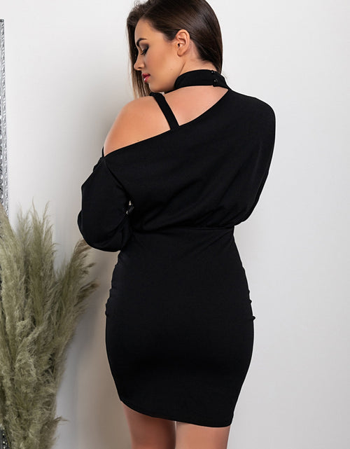Load image into Gallery viewer, Elegant mini dress with asymmetrical neckline Verrina, black
