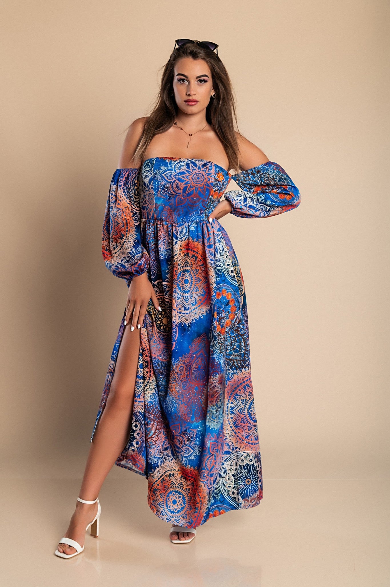 Elegant maxi dress with print Montella, blue