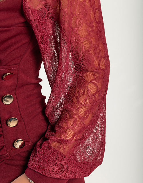 Load image into Gallery viewer, Elegant mini dress with lace sleeves, 18168, burgundy
