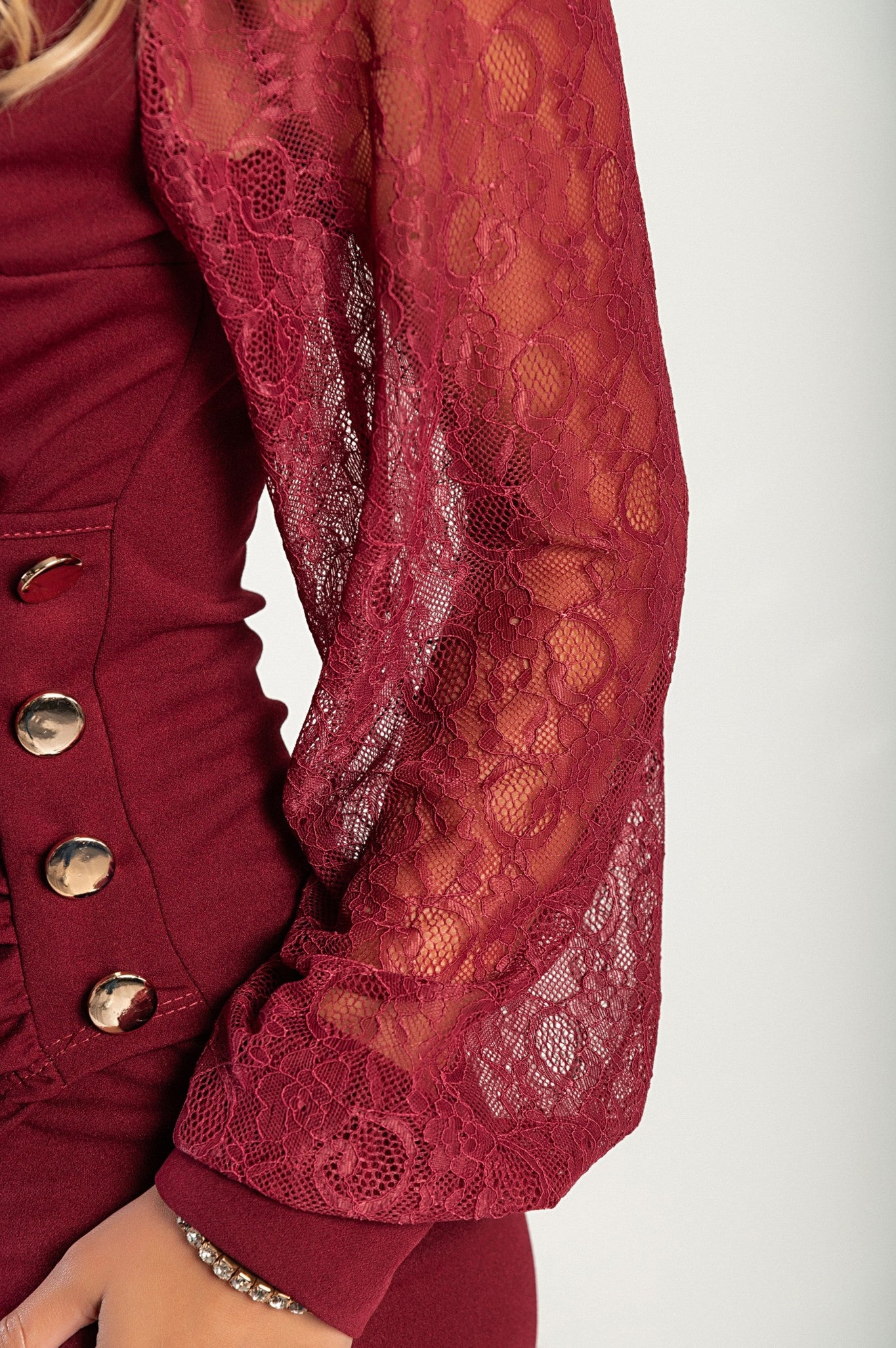Elegant mini dress with lace sleeves, 18168, burgundy