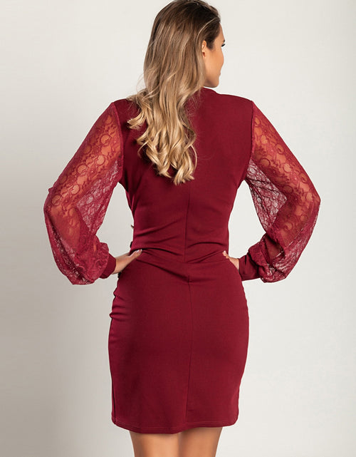 Load image into Gallery viewer, Elegant mini dress with lace sleeves, 18168, burgundy
