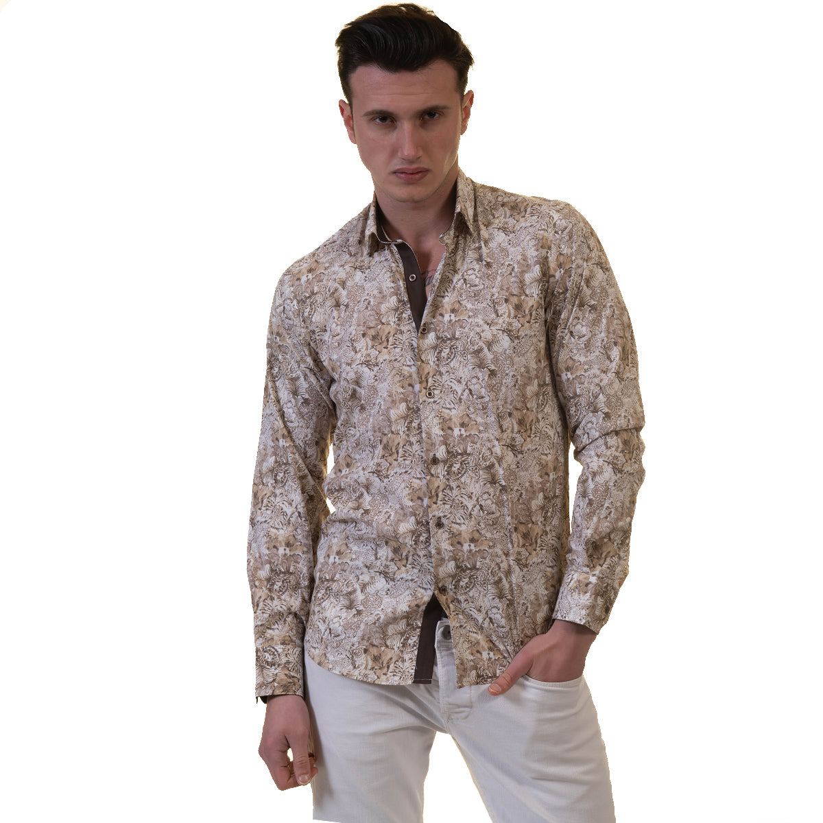 Beige Mens Slim Fit Designer Dress Shirt - tailored Cotton Shirts for
