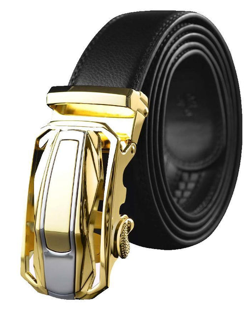 Load image into Gallery viewer, Black Belt Gold Buckle Mens Adjustable Ratchet Slide Buckle Belt -
