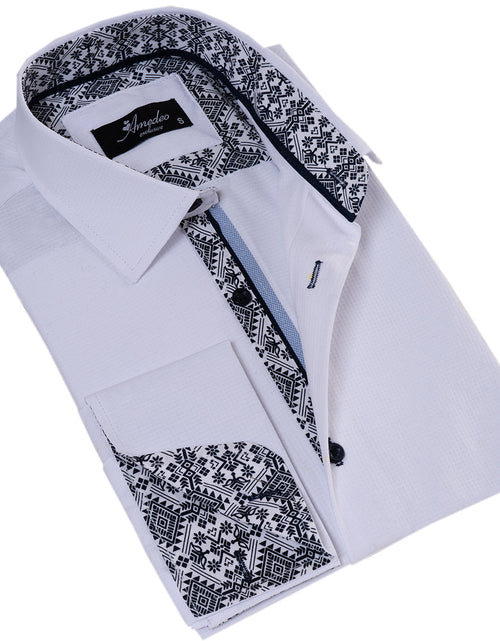 Load image into Gallery viewer, White inside Black Printed Double Cuff Shirt Mens Slim Fit Designer
