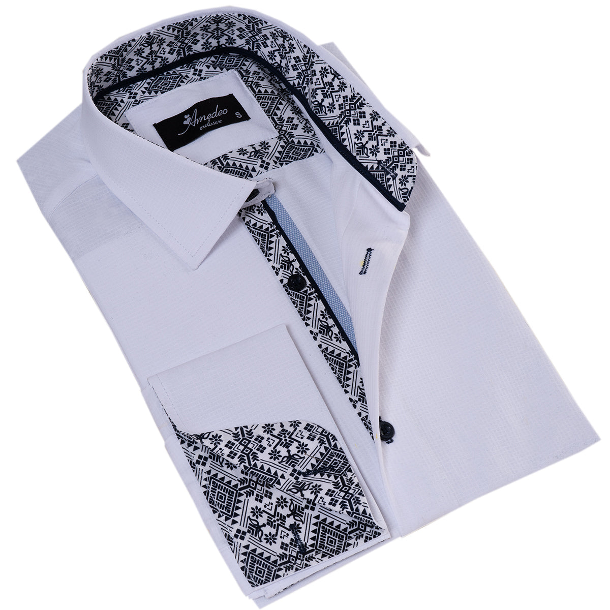 White inside Black Printed Double Cuff Shirt Mens Slim Fit Designer