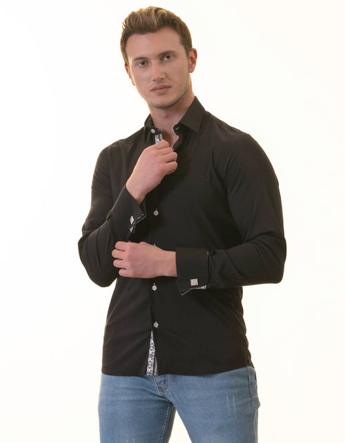 Load image into Gallery viewer, Black inside White Printed Double Cuff Shirt Mens Slim Fit Designer
