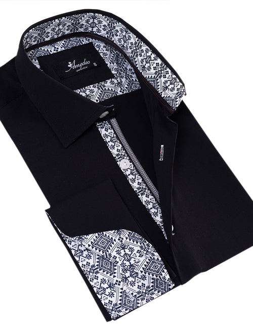 Load image into Gallery viewer, Black inside White Printed Double Cuff Shirt Mens Slim Fit Designer
