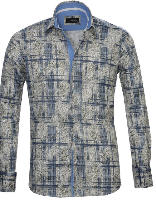 Load image into Gallery viewer, Beige Blue Paisley Mens Slim Fit Designer French Cuff Shirt - tailored
