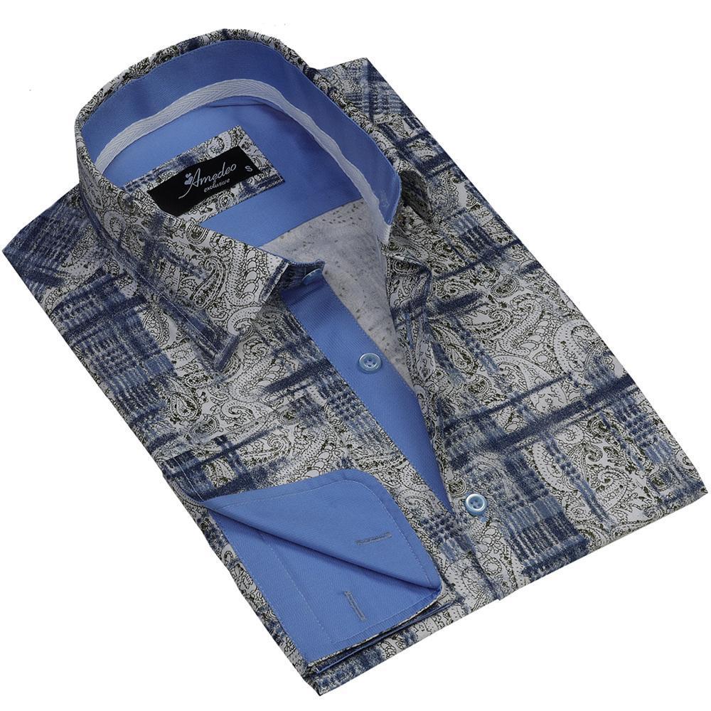 Beige Blue Paisley Mens Slim Fit Designer French Cuff Shirt - tailored