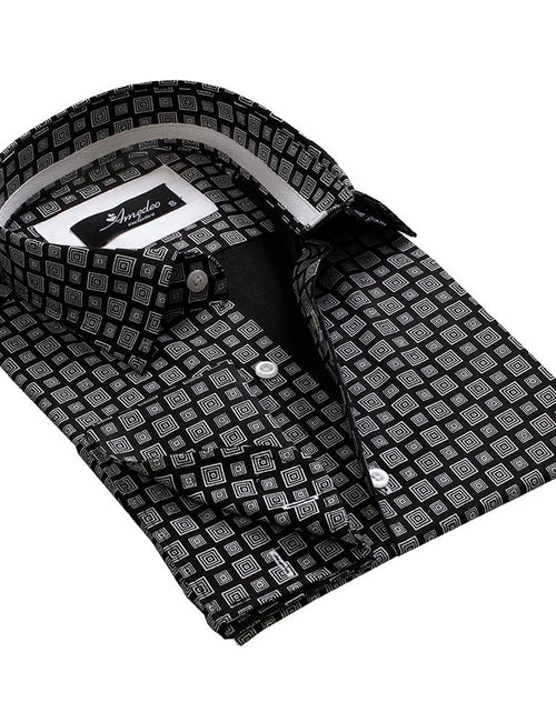 Load image into Gallery viewer, Black Grey Squares Mens Slim Fit French Cuff Shirts with Cufflink

