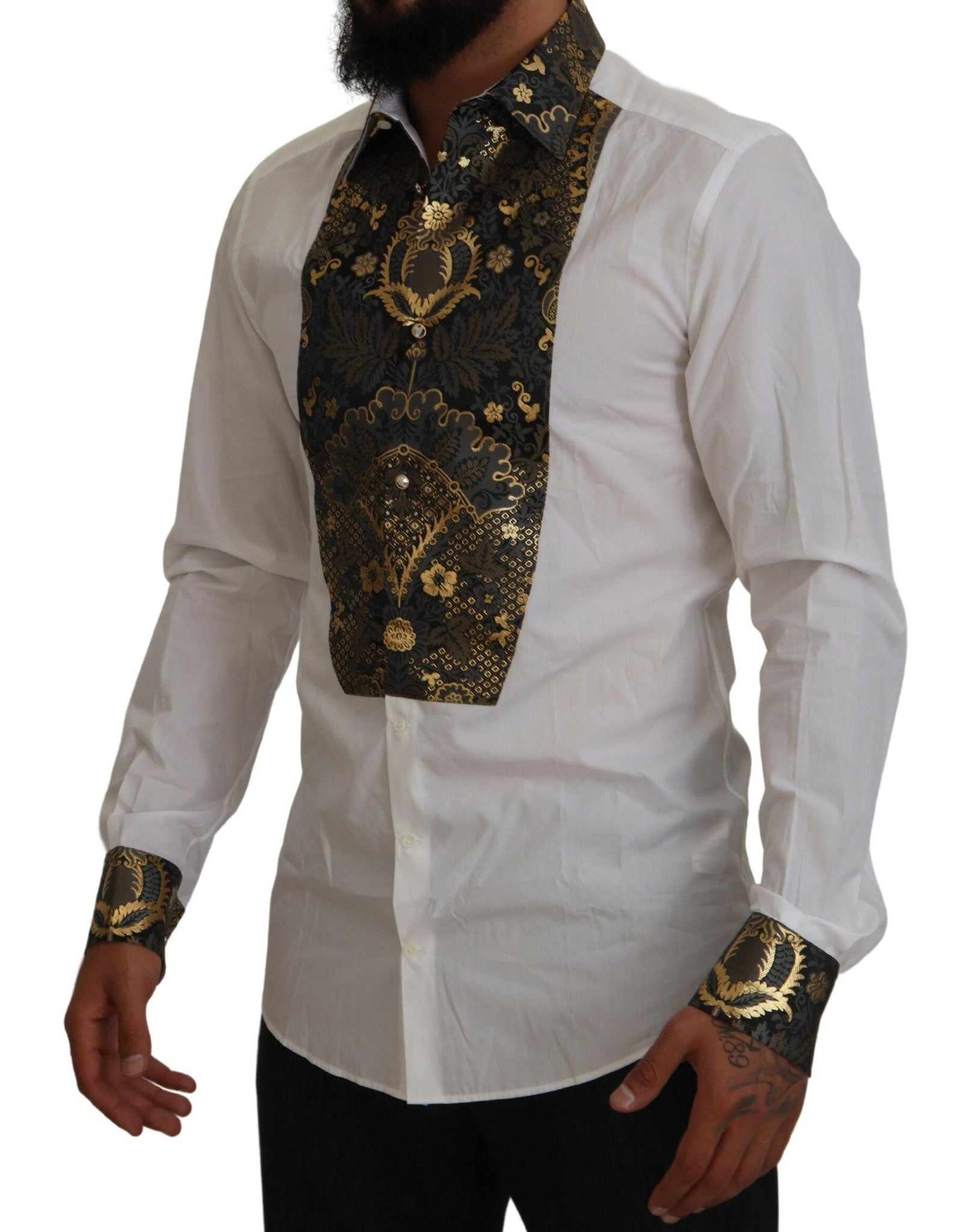 Dolce & Gabbana GOLD White Tuxedo Slim Fit Cotton Shirt