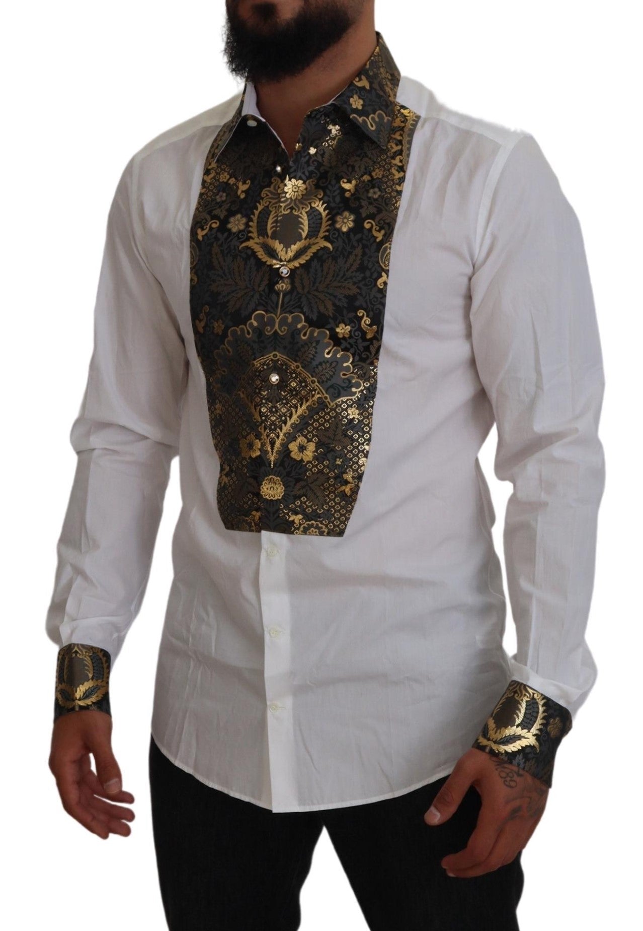 Dolce & Gabbana GOLD White Tuxedo Slim Fit Cotton Shirt