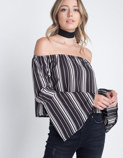 Load image into Gallery viewer, Women&#39;s Off Shoulder Casual Stripe Bell Sleeve Top
