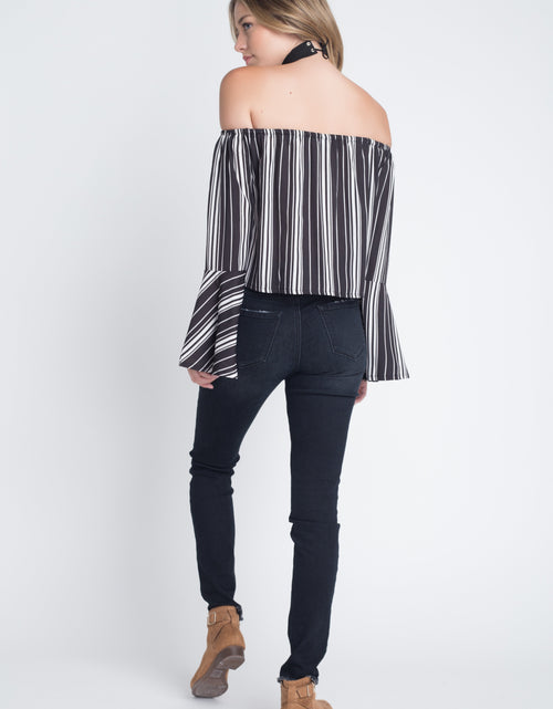 Load image into Gallery viewer, Women&#39;s Off Shoulder Casual Stripe Bell Sleeve Top
