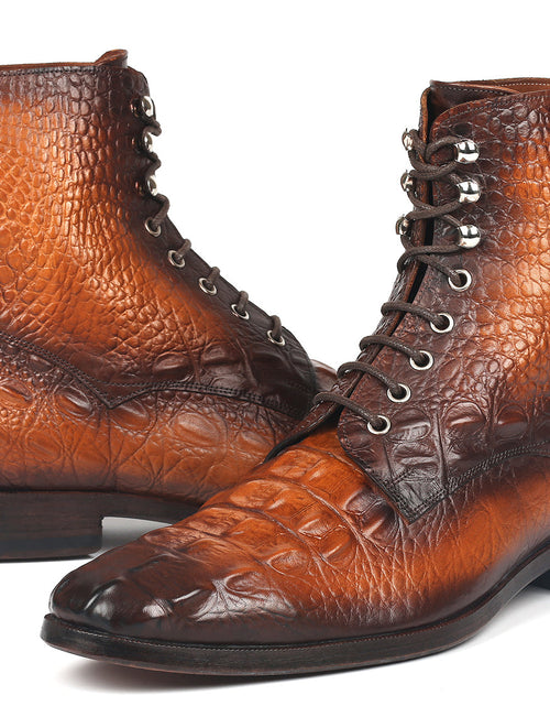Load image into Gallery viewer, Paul Parkman Men&#39;s Brown Croco Embossed Leather Lace-Up Boots
