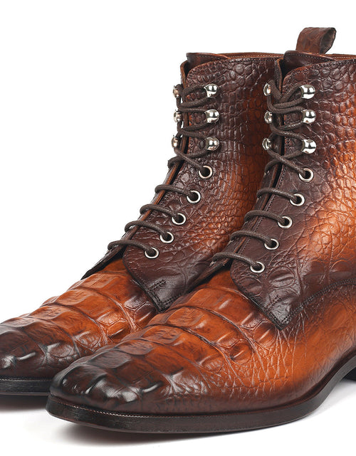 Load image into Gallery viewer, Paul Parkman Men&#39;s Brown Croco Embossed Leather Lace-Up Boots
