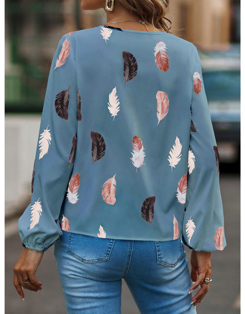 Load image into Gallery viewer, V-neck Feather Print Long-sleeved Loose T-shirt Women&#39;s Tops
