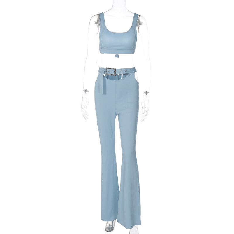 Solid Color Sleeveless Tops Flare Pants