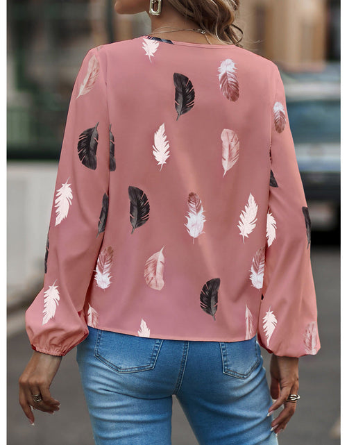 Load image into Gallery viewer, V-neck Feather Print Long-sleeved Loose T-shirt Women&#39;s Tops
