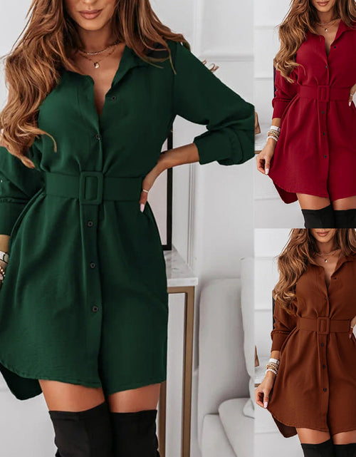 Load image into Gallery viewer, Belted Slim Fit Long Sleeve Turn-Down Collar Dress
