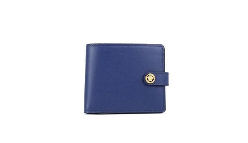 Load image into Gallery viewer, Versace Navy Blue Compact Smooth Leather Gold Toned Medusa Snap Bifold
