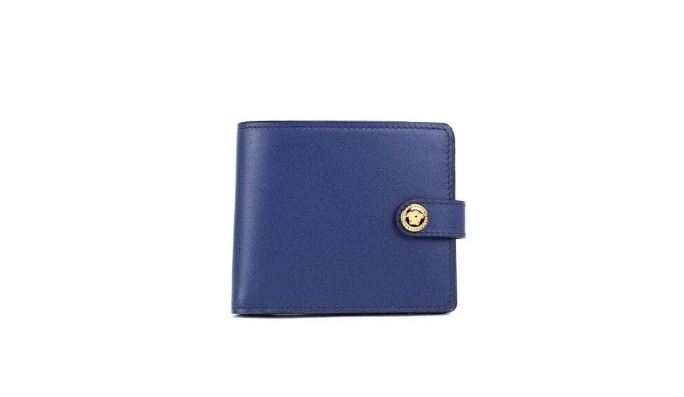 Versace Navy Blue Compact Smooth Leather Gold Toned Medusa Snap Bifold