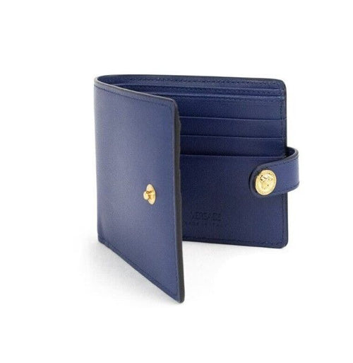 Load image into Gallery viewer, Versace Navy Blue Compact Smooth Leather Gold Toned Medusa Snap Bifold
