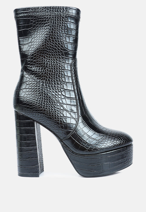 feral high heeled croc pattern ankle boot