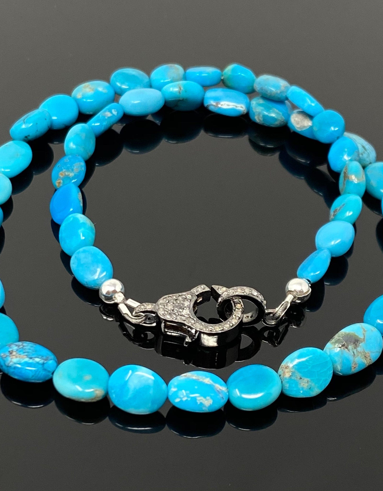 17” Genuine Arizona Turquoise Necklace with Pave Diamond Clasp,