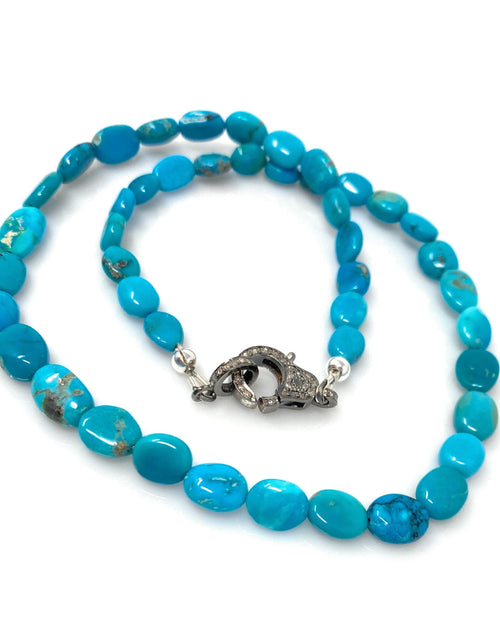 Load image into Gallery viewer, 17” Genuine Arizona Turquoise Necklace with Pave Diamond Clasp,
