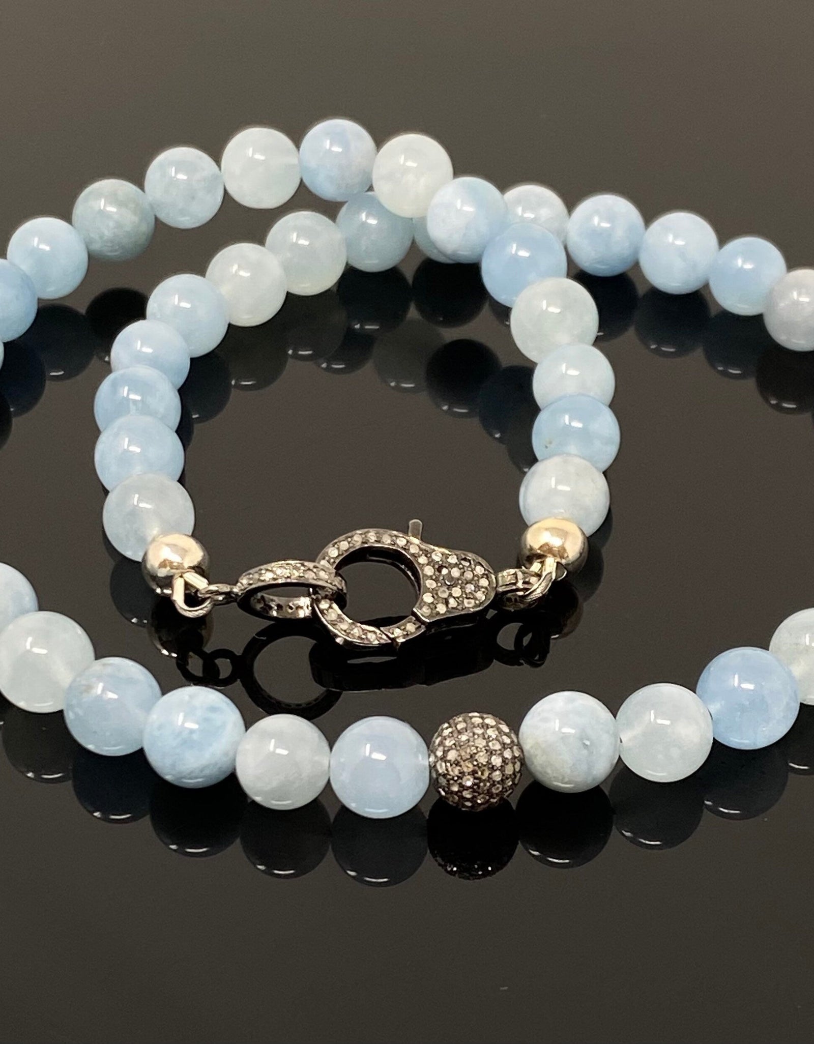 17” Natural Aquamarine Necklace with Pave Diamond Bead and Pave