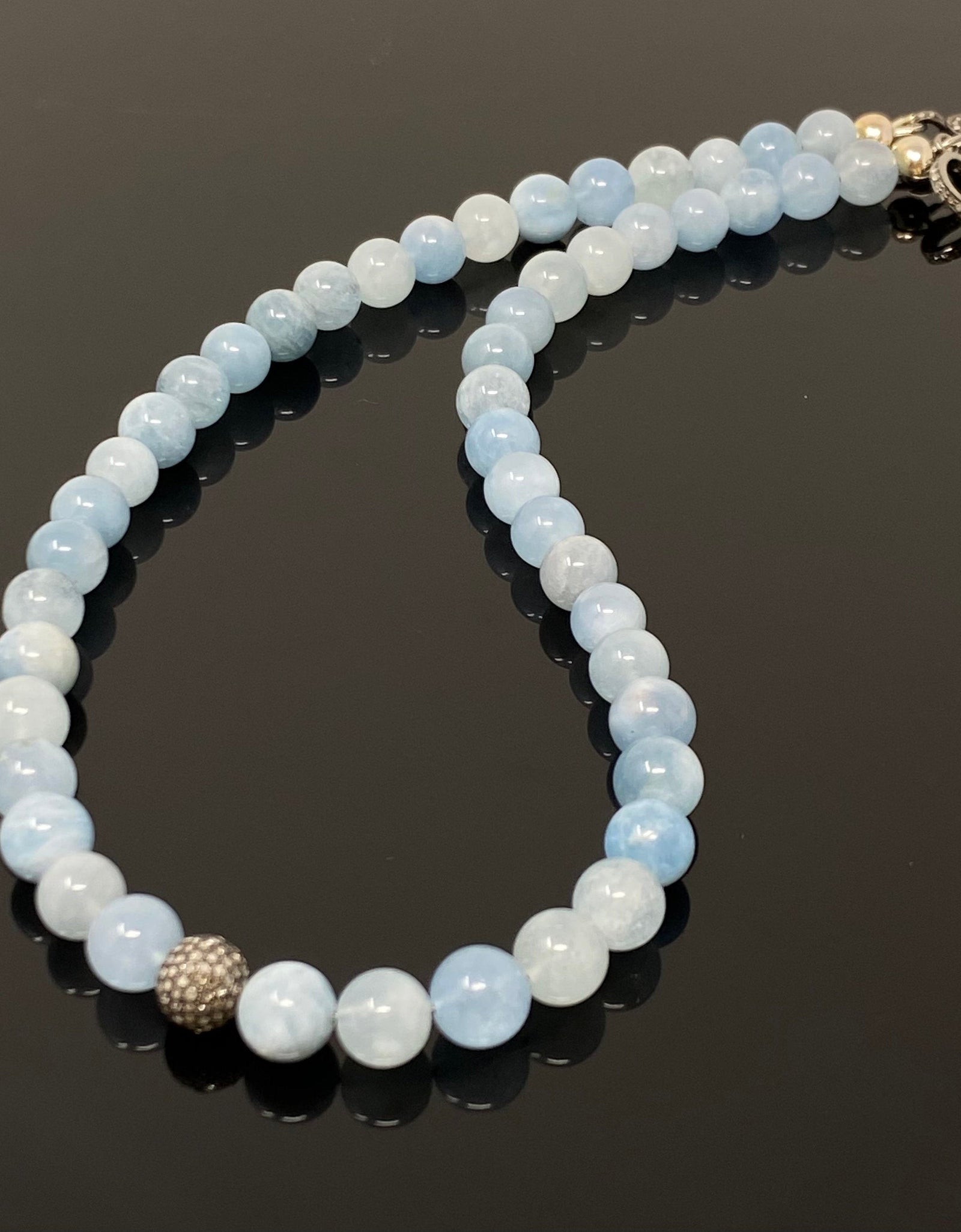 17” Natural Aquamarine Necklace with Pave Diamond Bead and Pave