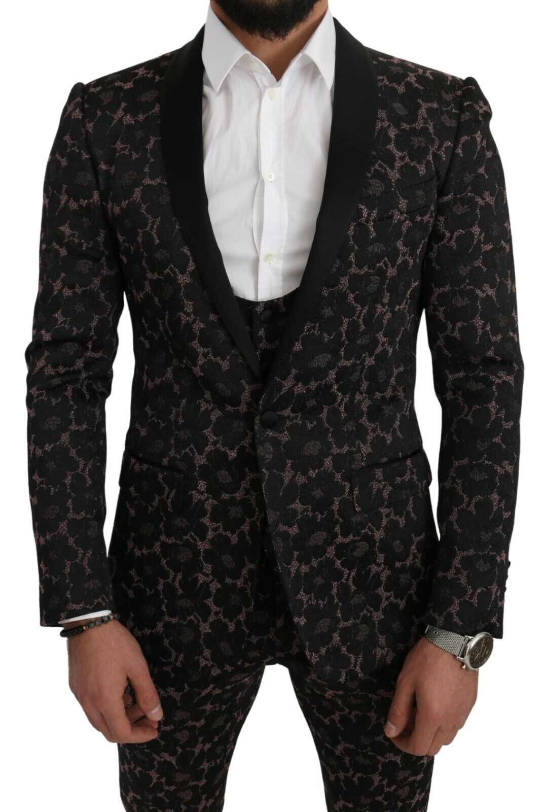 Dolce & Gabbana Suit Black Floral 3 Piece Slim Tuxedo
