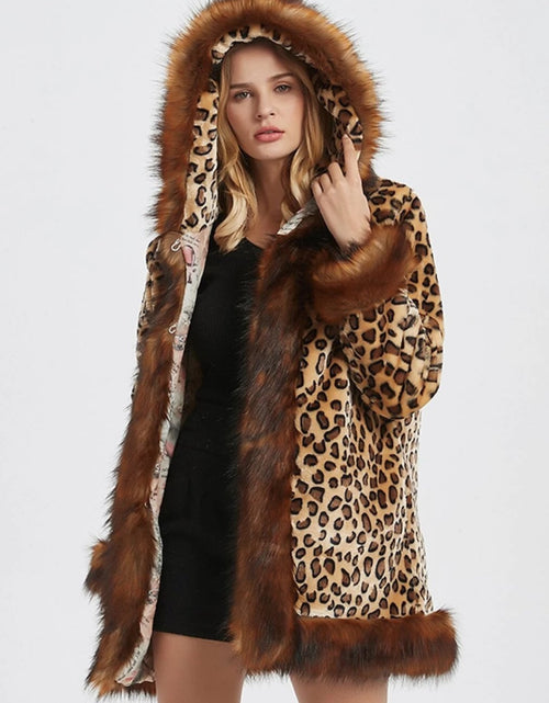 Load image into Gallery viewer, Womens Leopard Print Hooded Faux Fur Collar Jacket
